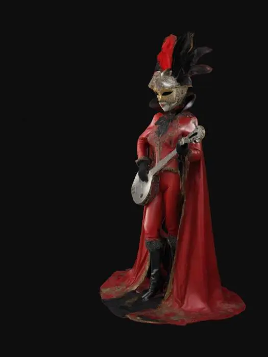 3D model for A Venetian carnival performer in an elegant, detailed costume with dominant purple and silver colors. He wears an elaborate mask with fine black accents that makes his face appear mysterious. His hat is decorated with feathers and shiny fabrics, and a noble satin cape flows over his shoulders. In his gloved hands he holds a mandolin, adorned with ribbons and beads. The mood is fairytale-like and nostalgic, as if the figure comes from another time.