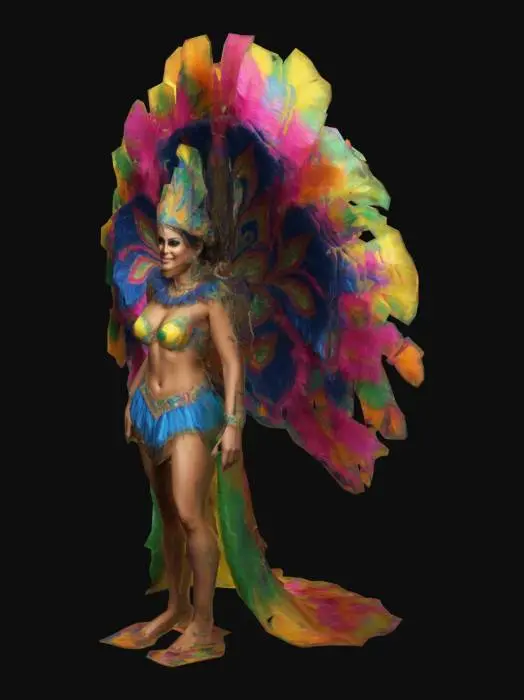 3D model for A , Highly Detailed, Ultra Realistic, beautiful Brazilian woman wearing a colourful costume traditional to the Rio De Janeiro carnaval, 