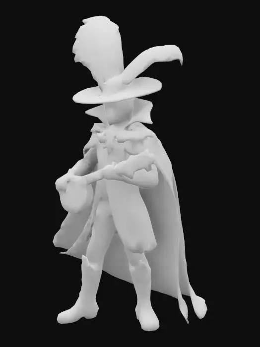 3D model for A Venetian carnival performer in an elegant, detailed costume with dominant purple and silver colors. He wears an elaborate mask with fine black accents that makes his face appear mysterious. His hat is decorated with feathers and shiny fabrics, and a noble satin cape flows over his shoulders. In his gloved hands he holds a mandolin, adorned with ribbons and beads. The mood is fairytale-like and nostalgic, as if the figure comes from another time.