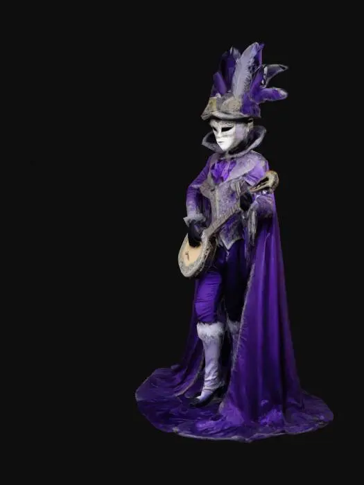 3D model for A Venetian carnival performer in an elegant, detailed costume with dominant purple and silver colors. He wears an elaborate mask with fine black accents that makes his face appear mysterious. His hat is decorated with feathers and shiny fabrics, and a noble satin cape flows over his shoulders. In his gloved hands he holds a mandolin, adorned with ribbons and beads. The mood is fairytale-like and nostalgic, as if the figure comes from another time.