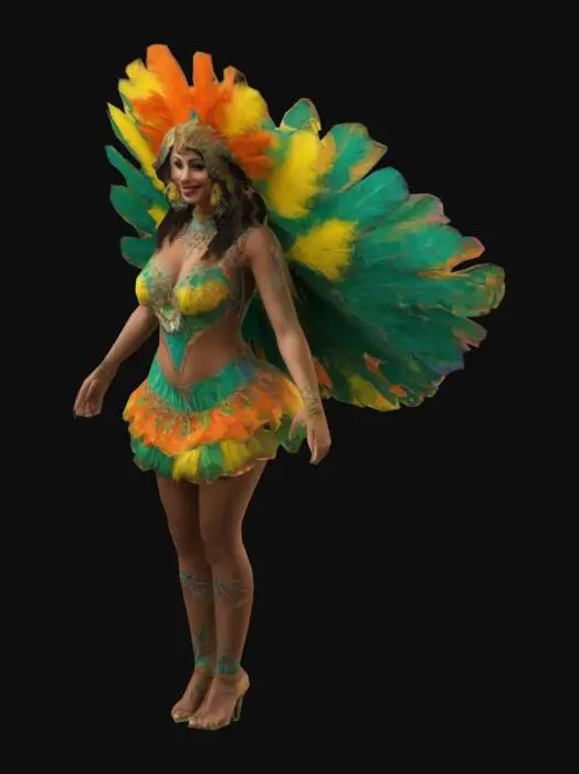 3D model for A , Highly Detailed, Ultra Realistic, beautiful Brazilian woman wearing a colourful costume traditional to the Rio De Janeiro carnaval, 