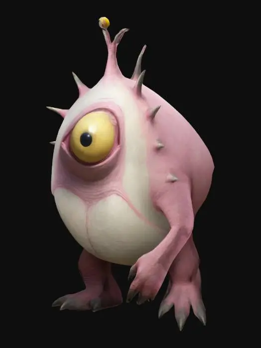 3D model for Fantasy, Highly Detailed, Ultra Realistic, Create  a  large , mysterious  , whimsical Shaun Tan creature resembling a large, bulbous mammal with a single big, expressive yellow eye and soft pink skin. I has som spikey protrusions on his back. Full body