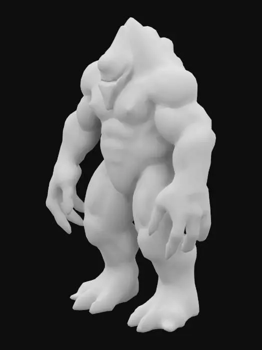 3D model for The object has a extremely muscular, humanoid form. It has a triangular Head with a single extremely large, central, tranparent shiny green, triangular eye on the place of his head and around the eye there is a triangular red shiny transparent border There are no more eyes. The object it is textured with an extremely bumped, rugged, rocky skin, resembling a mix of organic and rock-like surfaces. It has triangular arms and legs with large hands and feet. A-pose, Full body, one face. , 
