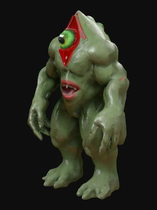 3D model for The object has a extremely muscular, humanoid form. It has a triangular Head with a single extremely large, central, tranparent shiny green, triangular eye on the place of his head and around the eye there is a triangular red shiny transparent border There are no more eyes. The object it is textured with an extremely bumped, rugged, rocky skin, resembling a mix of organic and rock-like surfaces. It has triangular arms and legs with large hands and feet. A-pose, Full body, one face. , 
