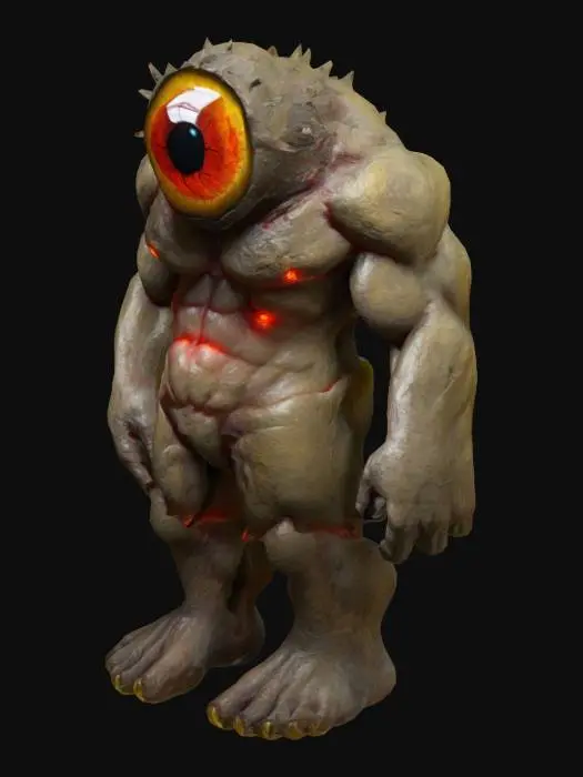 3D model for The object has a extremely muscular, humanoid form with a single extremely large, central, tranparent shiny red   eye on the place of his head and around the eye there is a round yellowish border, this is the only eye and it is textured with an extremely bumped, rugged, inperfect skin. resembling a mix of organic and rock-like surfaces