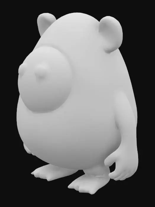 3D model for A Fantasy, Highly Detailed, Ultra Realistic object, looks like an egg shaped mammal with a single extremely large, tranparent, shiny orange, bulging central eye on the place of his fore head and the upper and 
lower eyelid are both closed for 20%. Tthis is the only eye. The object it is textured with a short haired light brown skin.  
The arms and legs are sturdy but short, with thin little handsith long fingers and little feet with long toes . One face. , A-pose, Full Body