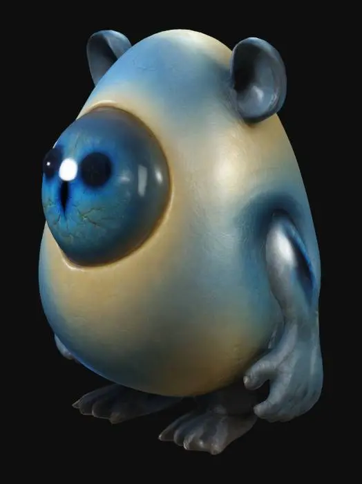 3D model for A Fantasy, Highly Detailed, Ultra Realistic object, looks like an egg shaped mammal with a single extremely large, tranparent, shiny orange, bulging central eye on the place of his fore head and the upper and 
lower eyelid are both closed for 20%. Tthis is the only eye. The object it is textured with a short haired light brown skin.  
The arms and legs are sturdy but short, with thin little handsith long fingers and little feet with long toes . One face. , A-pose, Full Body