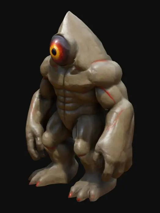 3D model for The object has a extremely muscular, humanoid form. It has a triangular Head with a single extremely large, central, tranparent shiny green, triangular eye on the place of his head and around the eye there is a triangular red shiny transparent border There are no more eyes. The object it is textured with an extremely bumped, rugged, rocky skin, resembling a mix of organic and rock-like surfaces. It has triangular arms and legs with large hands and feet. A-pose, Full body, one face. , 