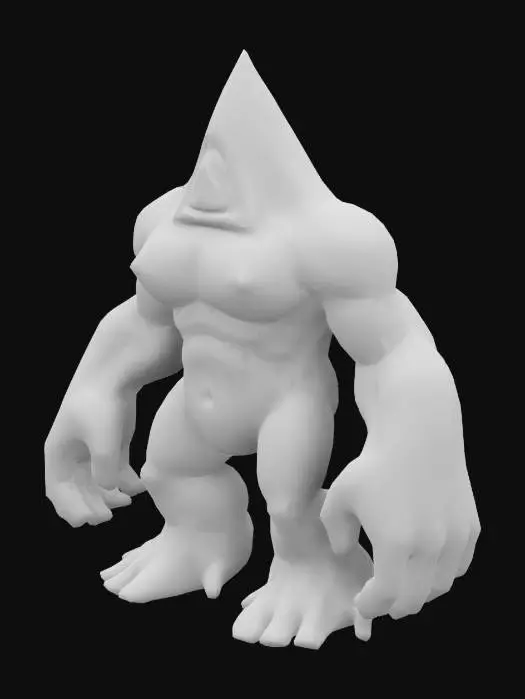 3D model for The object has a extremely muscular, humanoid form. It has a triangular Head with a single extremely large, central, tranparent shiny green, triangular eye on the place of his head and around the eye there is a triangular red shiny transparent border There are no more eyes. The object it is textured with an extremely bumped, rugged, rocky skin, resembling a mix of organic and rock-like surfaces. It has triangular arms and legs with large hands and feet. A-pose, Full body, one face. , 
