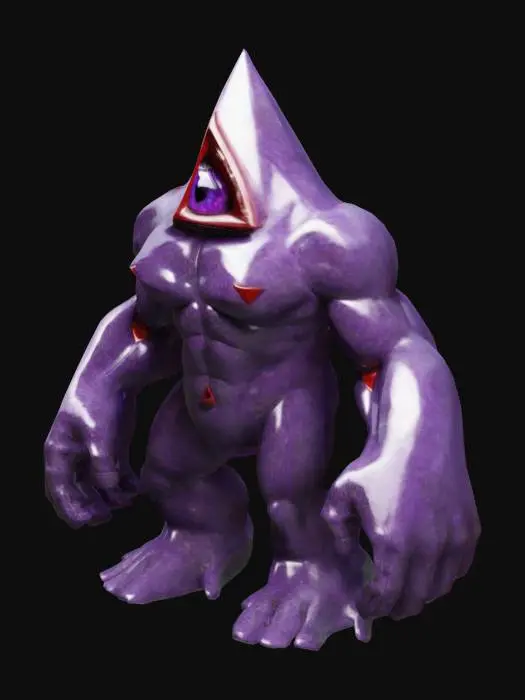 3D model for The object has a extremely muscular, humanoid form. It has a triangular Head with a single extremely large, central, tranparent shiny green, triangular eye on the place of his head and around the eye there is a triangular red shiny transparent border There are no more eyes. The object it is textured with an extremely bumped, rugged, rocky skin, resembling a mix of organic and rock-like surfaces. It has triangular arms and legs with large hands and feet. A-pose, Full body, one face. , 