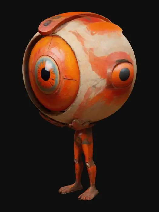 3D model for The object is a stylized, painterly depiction of a large, singular eye with vivid orange and red hues, featuring an expressive open helmet-like texture, that mimics. brush strokes, held by a small figure underneath., The figure has arms and legs, hands and feet