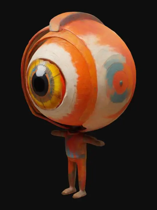 3D model for The object is a stylized, painterly depiction of a large, singular eye with vivid orange and red hues, featuring an expressive open helmet-like texture, that mimics. brush strokes, held by a small figure underneath., The figure has arms and legs, hands and feet