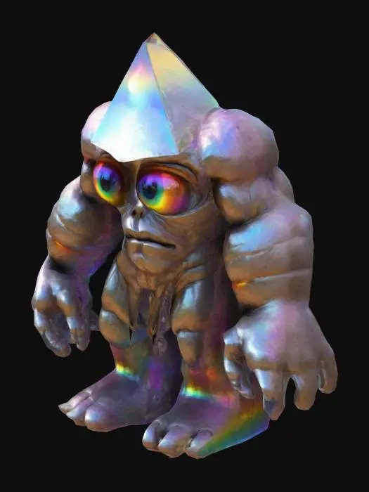 3D model for The object has a extremely muscular, humanoid form. It has a triangular Head with a single extremely large, central, tranparent shiny green, triangular eye on the place of his head and around the eye there is a triangular red shiny transparent border There are no more eyes. The object it is textured with an extremely bumped, rugged, rocky skin, resembling a mix of organic and rock-like surfaces. It has triangular arms and legs with large hands and feet. A-pose, Full body, one face. , 