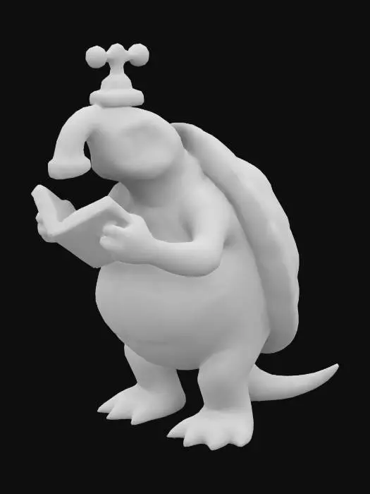 3D model for The object features a turtle-like body with a segmented shell texture, a flexible tail, and a a metal faucet as head, with a curved spout, a cross-shaped handle, a cylindrical base, and a textured, tarnished surface, the  head reading a book.