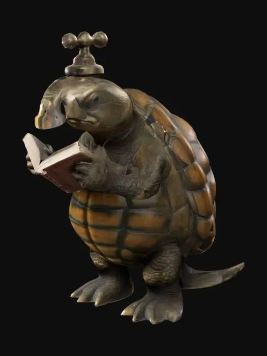 3D model for The object features a turtle-like body with a segmented shell texture, a flexible tail, and a a metal faucet as head, with a curved spout, a cross-shaped handle, a cylindrical base, and a textured, tarnished surface, the  head reading a book.