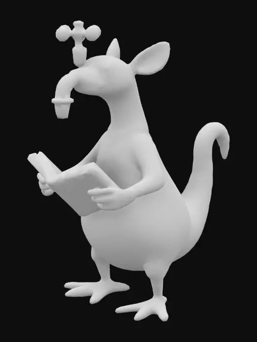 3D model for The object features an ant eater-like body with a segmented leather-like shell texture with stitches on the back, a flexible pointy tail, and a metal faucet as head, with a curved spout, a cross-shaped handle, a cylindrical base, and a textured, tarnished surface, a water pipe
tube connects the faucet to the body, the  faucet-head is reading a book. It has four pointy legs