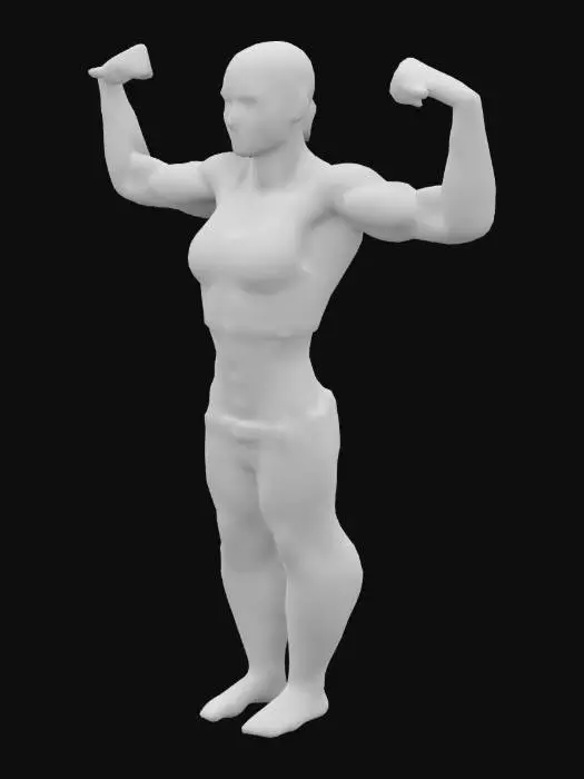 3D model for #women#, A super badass, very muscular woman with short hair. She has tight shirt and tight jeans. On het shirt  the woman  symbol. She is making the strong feminist gesture with her arms. Highly Detailed, Ultra Realistic, Full Body, Symmetrical Body. The model is of very high quality seen from all sides, special at the inside of the arms and the body and at the inside of the legs.