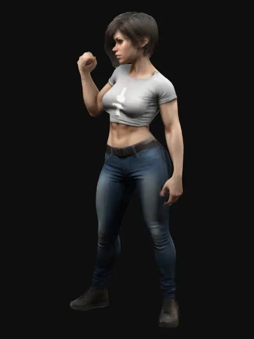 3D model for #women#, A super badass, very muscular woman with short hair. She has tight shirt and tight jeans. On het shirt  the woman  symbol. She is making the strong feminist gesture with her arms. Highly Detailed, Ultra Realistic, Full Body, Symmetrical Body. The model is of very high quality seen from all sides, special at the inside of the arms and the body and at the inside of the legs.