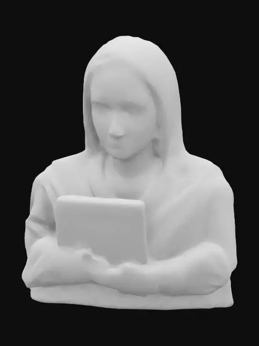 3D model for #women#, The object is a mother teresa like person, in a draped robe with blue accents, holding a book labeled "Mother," featuring detailed facial expressions and textured fabric folds. , Highly Detailed, Ultra Realistic, Full Body, Symmetrical Body