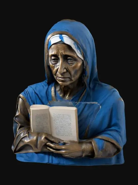 3D model for #women#, The object is a mother teresa like person, in a draped robe with blue accents, holding a book labeled "Mother," featuring detailed facial expressions and textured fabric folds. , Highly Detailed, Ultra Realistic, Full Body, Symmetrical Body