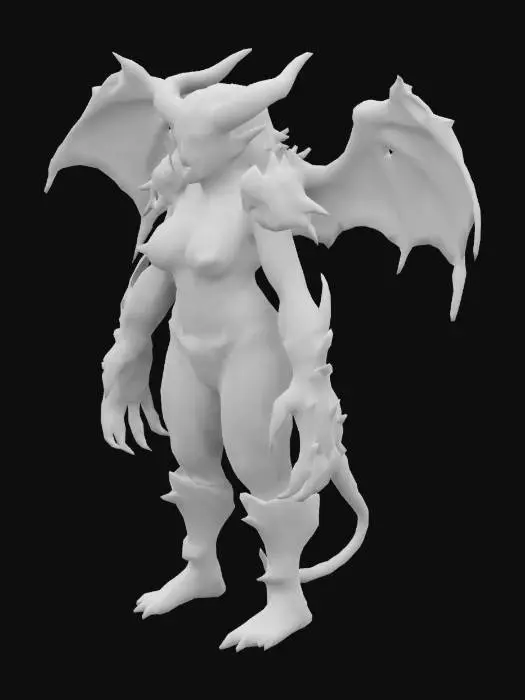 3D model for #women#, Fantasy, Symmetrical Body, smooth, Highly Detailed, Ultra Realistic, Polished a very, very, very muscular, beautiful female demon with Iron pins, and very large flaming blue, yellow eyes and a large roaring mouth with Iron teeth. On the noble parts a small iron armour. On hands and feet there are iron claws. Super high quality, especialy on the inside of the legs and arms. No loose parts, Full Body.