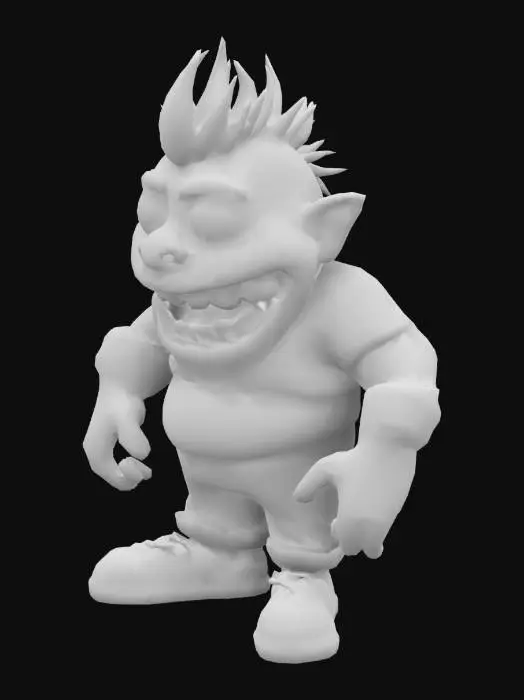 3D model for #game figure#, Fantasy,  cartoon, Highly Detailed, Ultra Realistic, Full Body, Symmetrical Body, The object is characterized by a bulbous, exaggerated facial structure with large, rounded bulbous eyes, a very  wide-open mouth revealing irregular teeth, and spiky hair, giving it a cartoonish and textured appearance.,It wears a red shirt and  jeans, sneakers on his feet. 