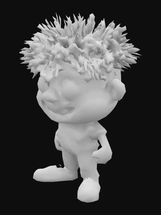 3D model for #game figure#, Fantasy,  cartoon, Highly Detailed, Ultra Realistic, Full Body, Symmetrical Body, The object is characterized by a bulbous, exaggerated facial structure with large, rounded bulbous eyes, a very  wide-open mouth revealing irregular teeth, and spiky hair, giving it a cartoonish and textured appearance.,It wears a red shirt and  jeans, sneakers on his feet. 