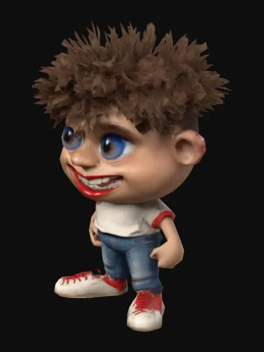 3D model for #game figure#, Fantasy,  cartoon, Highly Detailed, Ultra Realistic, Full Body, Symmetrical Body, The object is characterized by a bulbous, exaggerated facial structure with large, rounded bulbous eyes, a very  wide-open mouth revealing irregular teeth, and spiky hair, giving it a cartoonish and textured appearance.,It wears a red shirt and  jeans, sneakers on his feet. 