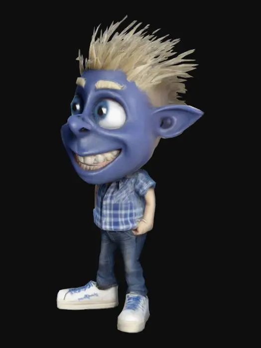 3D model for #game figure#, Fantasy,  cartoon, Highly Detailed, Ultra Realistic, Full Body, Symmetrical Body, The object is characterized by a bulbous, exaggerated facial structure with large, rounded bulbous eyes, a very  wide-open mouth revealing irregular teeth, and spiky hair, giving it a cartoonish and textured appearance.,It wears a red shirt and  jeans, sneakers on his feet. 