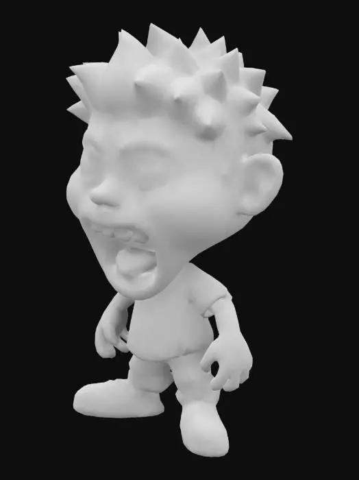 3D model for #game figure#, Fantasy,  cartoon, Highly Detailed, Ultra Realistic, Full Body, Symmetrical Body, The object is characterized by a bulbous, exaggerated facial structure with large, rounded bulbous eyes, a very  wide-open mouth revealing irregular teeth, and spiky hair, giving it a cartoonish and textured appearance.,It wears a red shirt and  jeans, sneakers on his feet. 