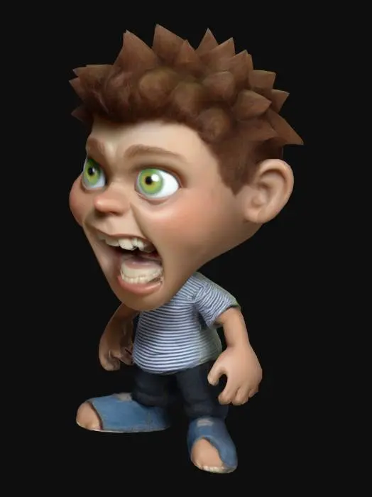 3D model for #game figure#, Fantasy,  cartoon, Highly Detailed, Ultra Realistic, Full Body, Symmetrical Body, The object is characterized by a bulbous, exaggerated facial structure with large, rounded bulbous eyes, a very  wide-open mouth revealing irregular teeth, and spiky hair, giving it a cartoonish and textured appearance.,It wears a red shirt and  jeans, sneakers on his feet. 