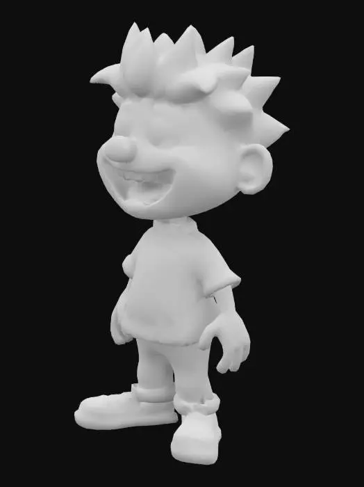 3D model for #game figure#, Fantasy,  cartoon, Highly Detailed, Ultra Realistic, Full Body, Symmetrical Body, The object is characterized by a bulbous, exaggerated facial structure with large, rounded bulbous eyes, a very  wide-open mouth revealing irregular teeth, and spiky hair, giving it a cartoonish and textured appearance.,It wears a red shirt and  jeans, sneakers on his feet. 