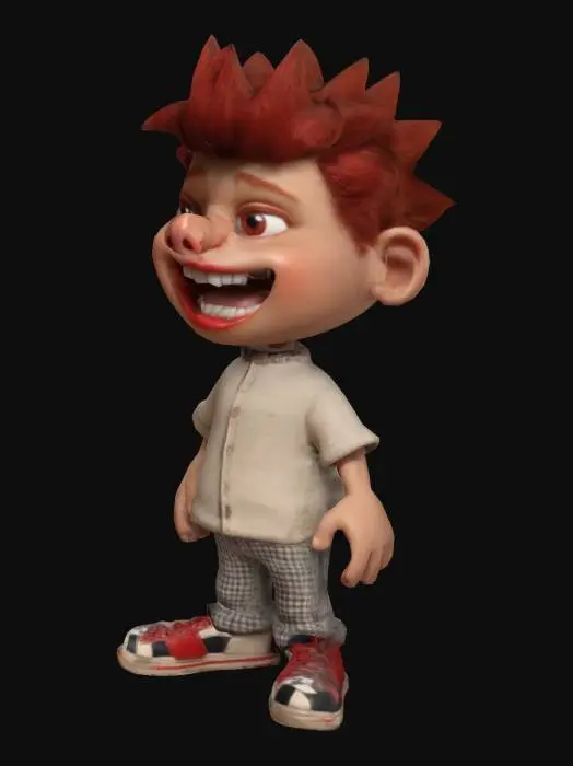 3D model for #game figure#, Fantasy,  cartoon, Highly Detailed, Ultra Realistic, Full Body, Symmetrical Body, The object is characterized by a bulbous, exaggerated facial structure with large, rounded bulbous eyes, a very  wide-open mouth revealing irregular teeth, and spiky hair, giving it a cartoonish and textured appearance.,It wears a red shirt and  jeans, sneakers on his feet. 