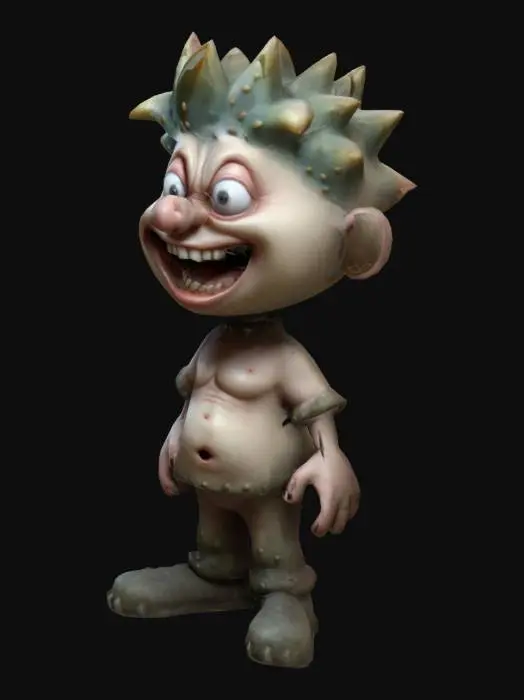 3D model for #game figure#, Fantasy,  cartoon, Highly Detailed, Ultra Realistic, Full Body, Symmetrical Body, The object is characterized by a bulbous, exaggerated facial structure with large, rounded bulbous eyes, a very  wide-open mouth revealing irregular teeth, and spiky hair, giving it a cartoonish and textured appearance.,It wears a red shirt and  jeans, sneakers on his feet. 
