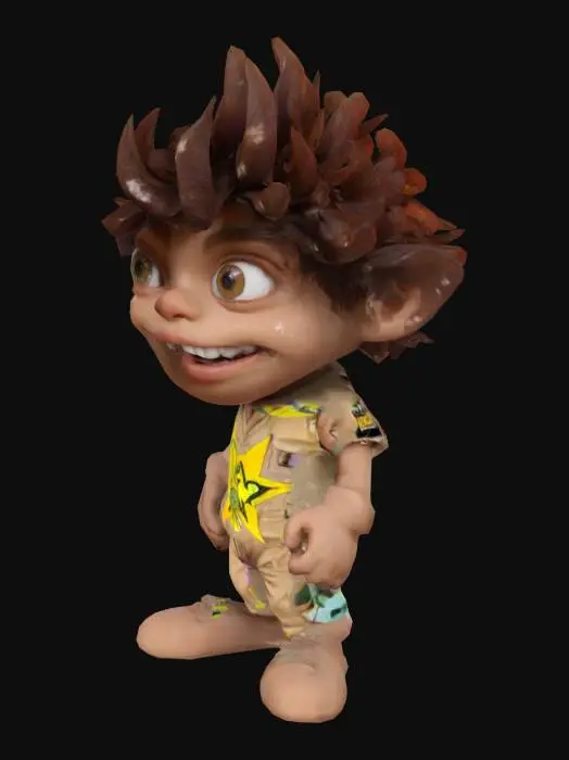 3D model for #game figure#, Fantasy,  cartoon, Highly Detailed, Ultra Realistic, Full Body, Symmetrical Body, The object is characterized by a bulbous, exaggerated facial structure with large, rounded bulbous eyes, a very  wide-open mouth revealing irregular teeth, and spiky hair, giving it a cartoonish and textured appearance.,It wears a red shirt and  jeans, sneakers on his feet. 