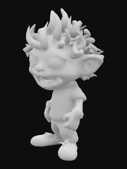3D model for #game figure#, Fantasy,  cartoon, Highly Detailed, Ultra Realistic, Full Body, Symmetrical Body, The object is characterized by a bulbous, exaggerated facial structure with large, rounded bulbous eyes, a very  wide-open mouth revealing irregular teeth, and spiky hair, giving it a cartoonish and textured appearance.,It wears a red shirt and  jeans, sneakers on his feet. 