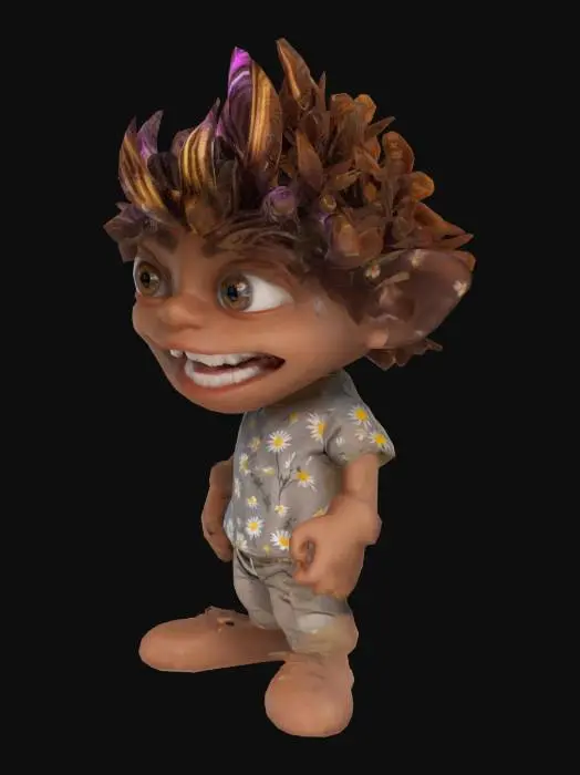 3D model for #game figure#, Fantasy,  cartoon, Highly Detailed, Ultra Realistic, Full Body, Symmetrical Body, The object is characterized by a bulbous, exaggerated facial structure with large, rounded bulbous eyes, a very  wide-open mouth revealing irregular teeth, and spiky hair, giving it a cartoonish and textured appearance.,It wears a red shirt and  jeans, sneakers on his feet. 