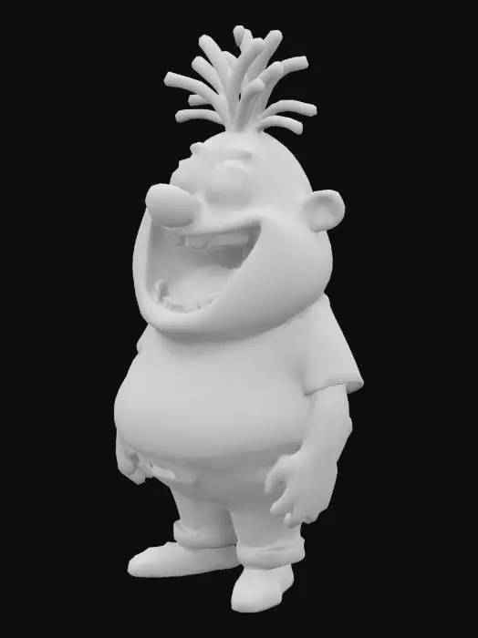 3D model for #game figure#, Fantasy,  cartoon, Highly Detailed, Ultra Realistic, Full Body, Symmetrical Body, The object is characterized by a bulbous, exaggerated facial structure with large, rounded bulbous eyes, a very  wide-open mouth revealing irregular teeth, and spiky hair, giving it a cartoonish and textured appearance.,It wears a red shirt and  jeans, sneakers on his feet. 