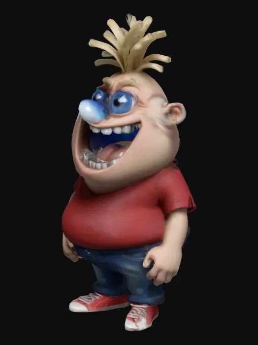 3D model for #game figure#, Fantasy,  cartoon, Highly Detailed, Ultra Realistic, Full Body, Symmetrical Body, The object is characterized by a bulbous, exaggerated facial structure with large, rounded bulbous eyes, a very  wide-open mouth revealing irregular teeth, and spiky hair, giving it a cartoonish and textured appearance.,It wears a red shirt and  jeans, sneakers on his feet. 