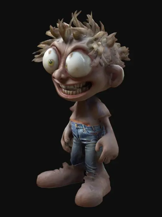 3D model for #game figure#, Fantasy,  cartoon, Highly Detailed, Ultra Realistic, Full Body, Symmetrical Body, The object is characterized by a bulbous, exaggerated facial structure with large, rounded bulbous eyes, a very  wide-open mouth revealing irregular teeth, and spiky hair, giving it a cartoonish and textured appearance.,It wears a red shirt and  jeans, sneakers on his feet. 