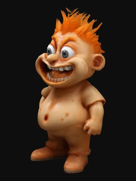 3D model for #game figure#, Fantasy,  cartoon, Highly Detailed, Ultra Realistic, Full Body, Symmetrical Body, The object is characterized by a bulbous, exaggerated facial structure with large, rounded bulbous eyes, a very  wide-open mouth revealing irregular teeth, and spiky hair, giving it a cartoonish and textured appearance.,It wears a red shirt and  jeans, sneakers on his feet. 