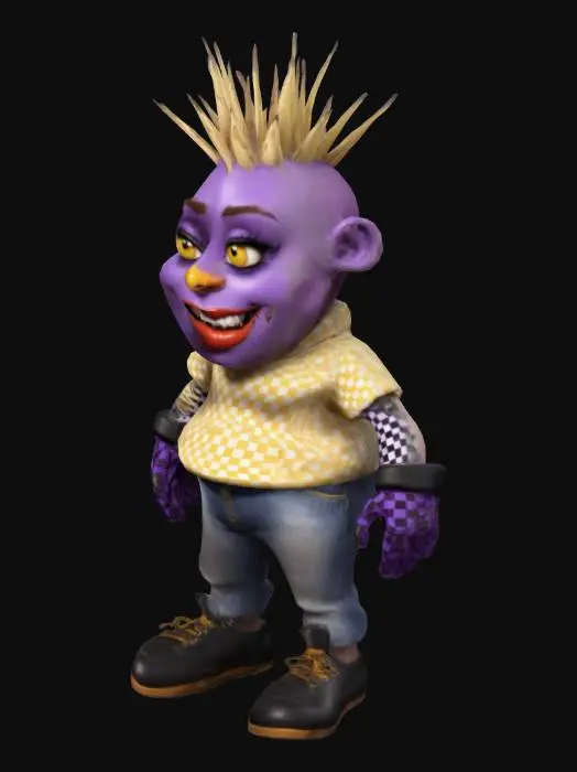 3D model for #game figure#, Fantasy,  cartoon, Highly Detailed, Ultra Realistic, Full Body, Symmetrical Body, The object is characterized by a bulbous, exaggerated facial structure with large, rounded bulbous eyes, a very  wide-open mouth revealing irregular teeth, and spiky hair, giving it a cartoonish and textured appearance.,It wears a red shirt and  jeans, sneakers on his feet. 