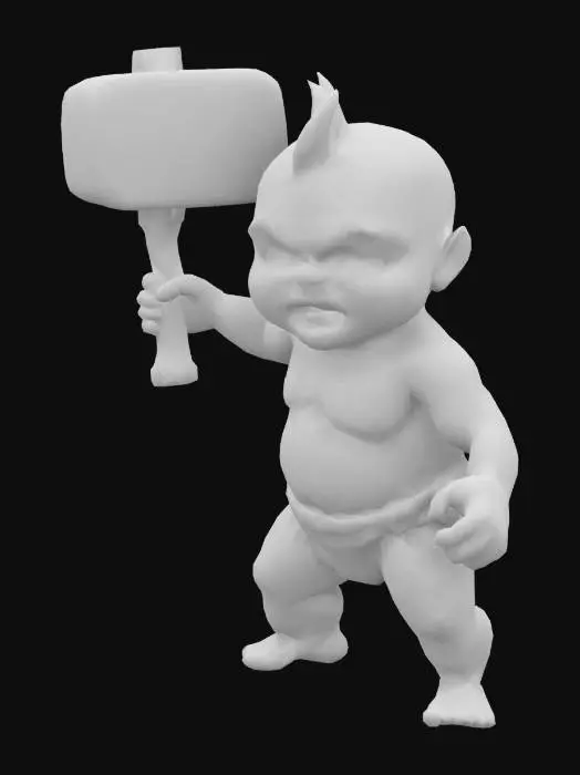 3D model for #game figure#, Baby in nappies with a large fierceful hammer in Attack position. , Fantasy, Highly Detailed, Ultra Realistic, Symmetrical Body, Full Body, high quality