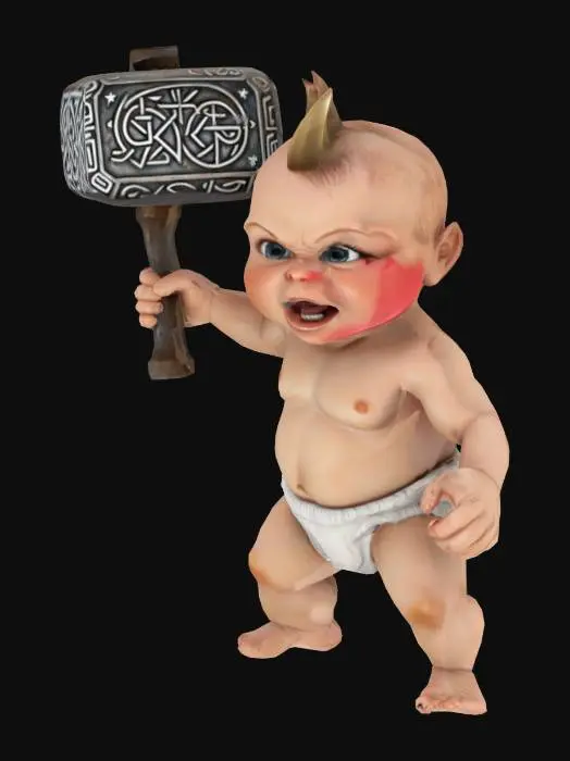 3D model for #game figure#, Baby in nappies with a large fierceful hammer in Attack position. , Fantasy, Highly Detailed, Ultra Realistic, Symmetrical Body, Full Body, high quality