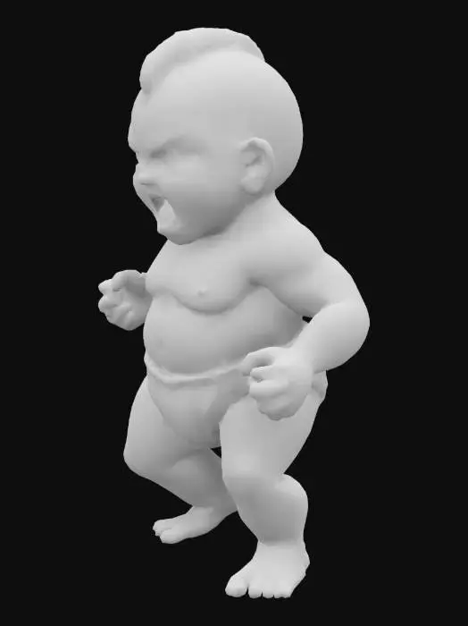 3D model for #game figure#, Baby in nappies with a large fierceful hammer in Attack position. , Fantasy, Highly Detailed, Ultra Realistic, Symmetrical Body, Full Body, high quality
