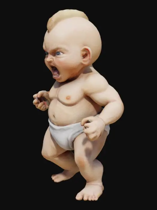 3D model for #game figure#, Baby in nappies with a large fierceful hammer in Attack position. , Fantasy, Highly Detailed, Ultra Realistic, Symmetrical Body, Full Body, high quality