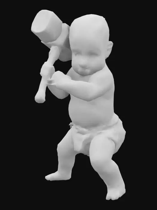 3D model for #game figure#, Baby in nappies with a large fierceful hammer in Attack position. , Fantasy, Highly Detailed, Ultra Realistic, Symmetrical Body, Full Body, high quality