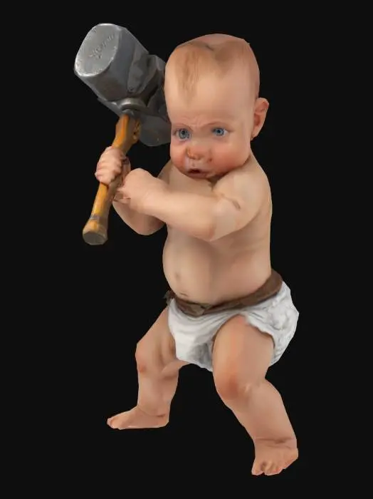3D model for #game figure#, Baby in nappies with a large fierceful hammer in Attack position. , Fantasy, Highly Detailed, Ultra Realistic, Symmetrical Body, Full Body, high quality