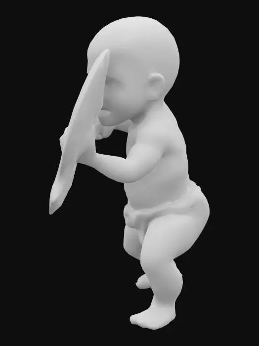 3D model for #game figure#,A Baby in nappies,  with a large fierceful double headed  battle axe in Attack position.  The axe has runes on it. The axe has copper features.  Fantasy, Highly Detailed, Ultra Realistic, Symmetrical Body, Full Body, high quality