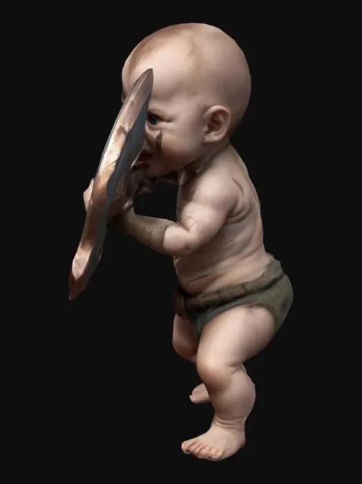 3D model for #game figure#,A Baby in nappies,  with a large fierceful double headed  battle axe in Attack position.  The axe has runes on it. The axe has copper features.  Fantasy, Highly Detailed, Ultra Realistic, Symmetrical Body, Full Body, high quality